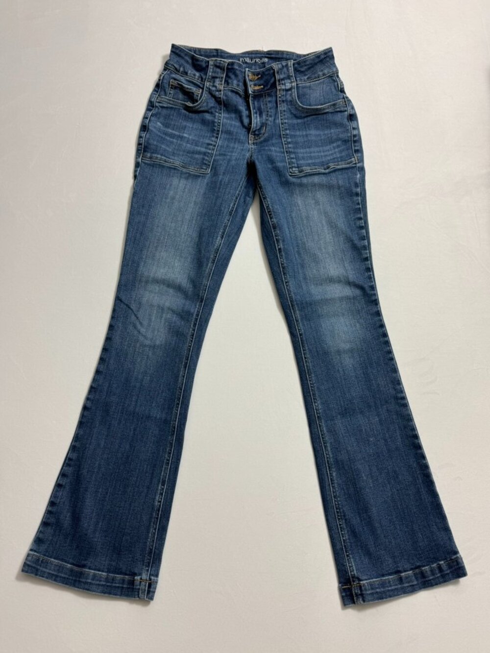 Maurices Double Button Front Patch Pocket Flare Jeans Medium Wash 6 Reg
